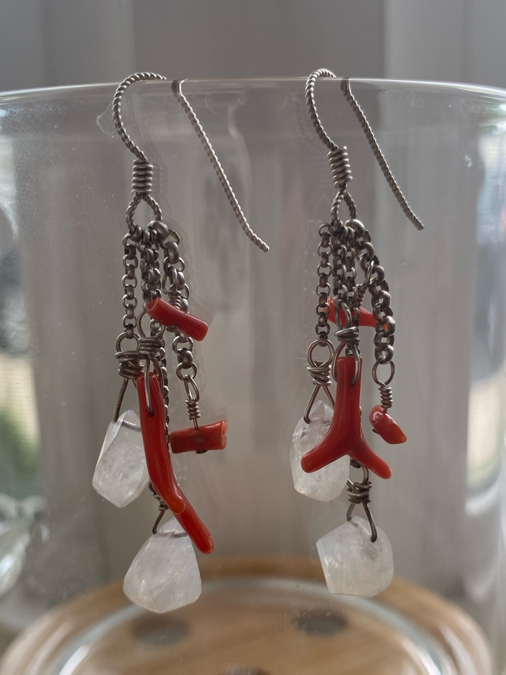 Natural Red Coral and Moonstone Beaded Sterling Silver Earrings